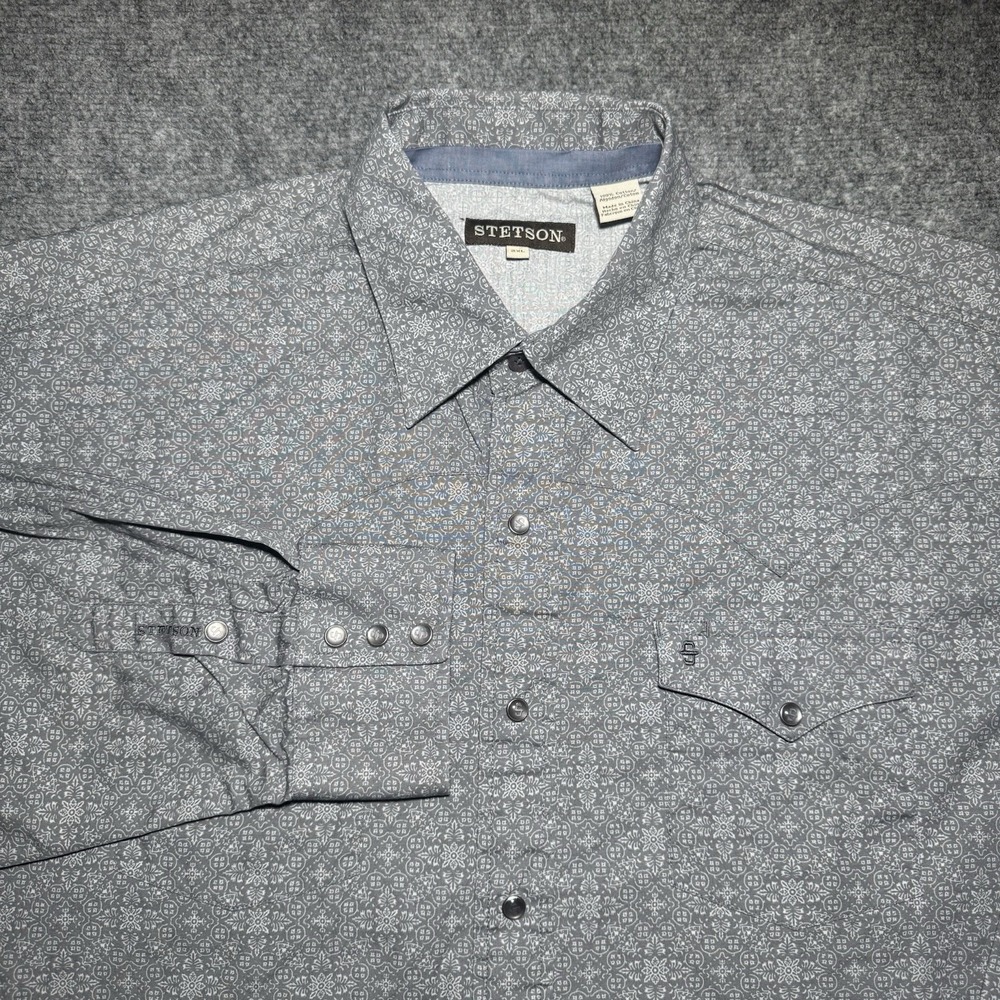 Stetson Pearl Snap Shirt Men 2XL Grey Geometric Long Sleeve Western Cowboy